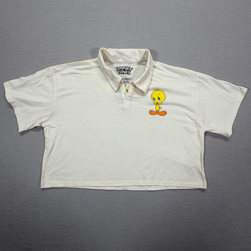 Looney Tunes Polo Shirt Womens Large Good Cream Tweety Bird Cropped